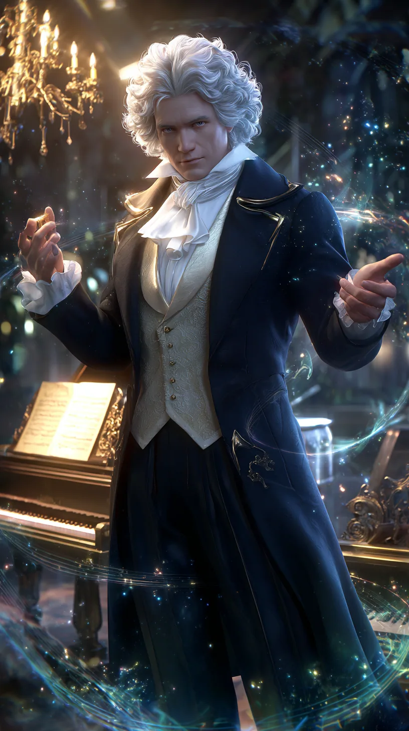 光の粒子に包まれたLudwig van Beethovenを描いたAI生成ポートレート