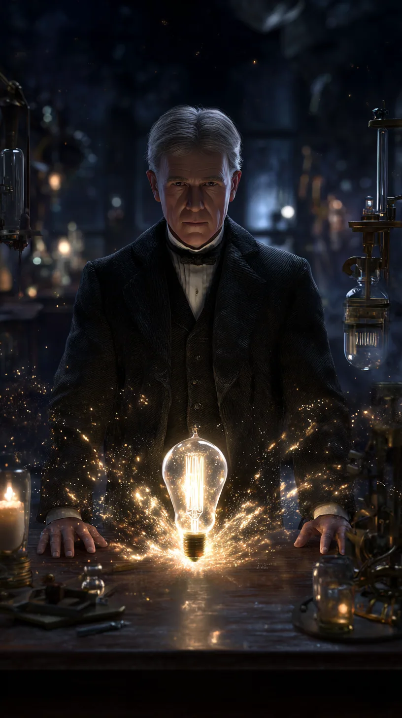 暗い研究室で電球を灯すThomas Edisonを描いたAI生成ポートレート